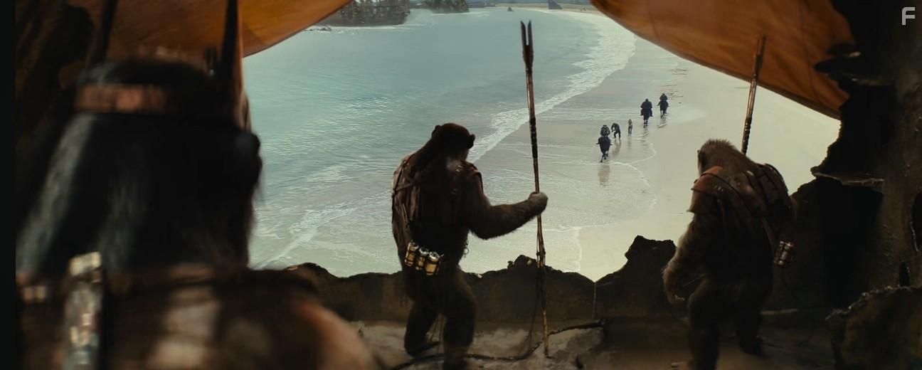 Kevin Durand, Owen Teague, and Freya Allan in Kingdom of the Planet of the Apes (2024)