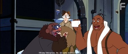 Milo Thatch (center), a linguistics expert with a lifelong fascination in Atlantis, meets his shipmates -- dirt-loving geologist Gaetan Moliere (left) and the gentle Dr. Sweet (right).