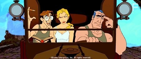 Milo Thatch (left), who has devoted his life to studying Atlantis, uses a mysterious ancient book called "The Shepherd's Journal" to guide Commander Rourke (right) and his lieutenant, Helga Sinclair (center), to the lost city.