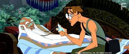 In his final moments, the dying king of Atlantis (left) reveals the tragic circumstances of the empire's past to Milo Thatch (right) and empowers him to save its inhabitants.