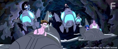 Milo Thatch (center left), a na?ve young cartographer/linguist, finds the inner strength he needs to rescue the princess and save Atlantis as he leads a fleet of flying stone-fish vehicles.