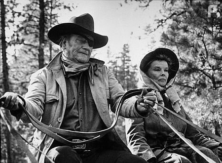 "Rooster Cogburn," Universal 1974. John Wayne and Katharine Hepburn.