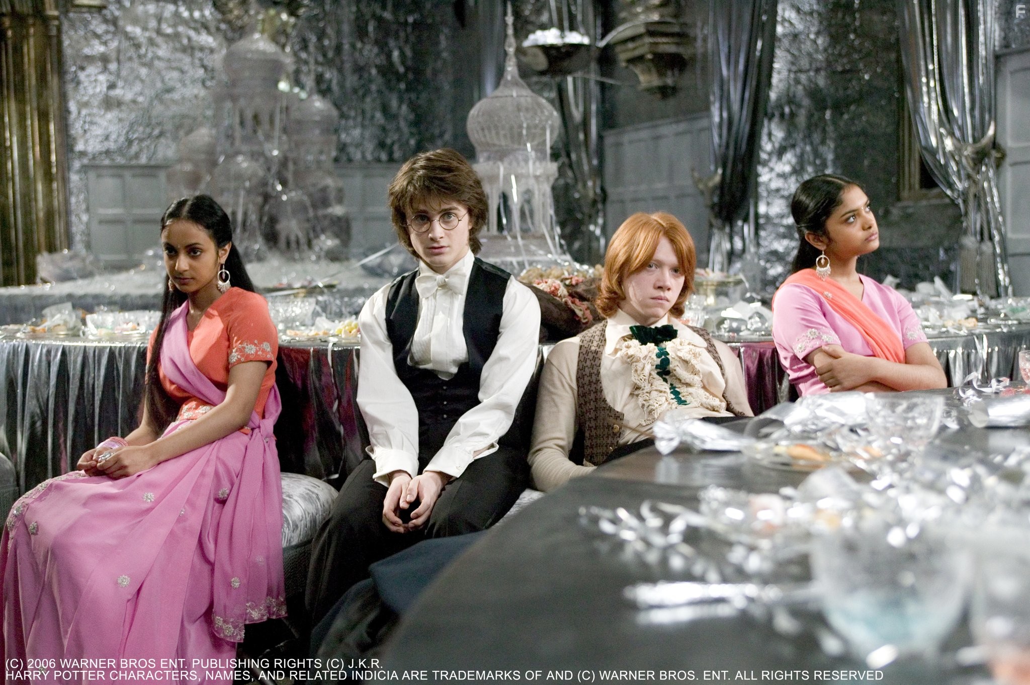 Rupert Grint, Daniel Radcliffe, Afshan Azad, and Shefali Chowdhury in Гарри Поттер и кубок огня (2005)
