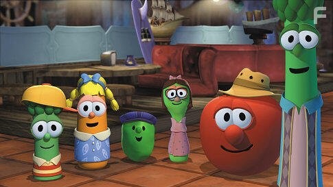 The Veggies (Junior Asparagus, Laura Carrot, Percy, Annie, Bob the Tomato and Archibald Asparagus) in a restaurant.