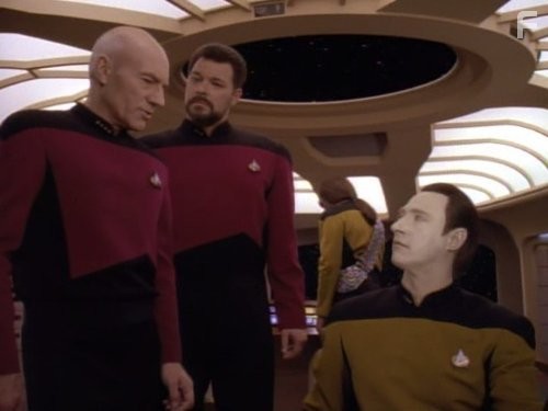 Michael Dorn, Jonathan Frakes, Brent Spiner, and Patrick Stewart in Звездный путь: Следующее поколение (1987)