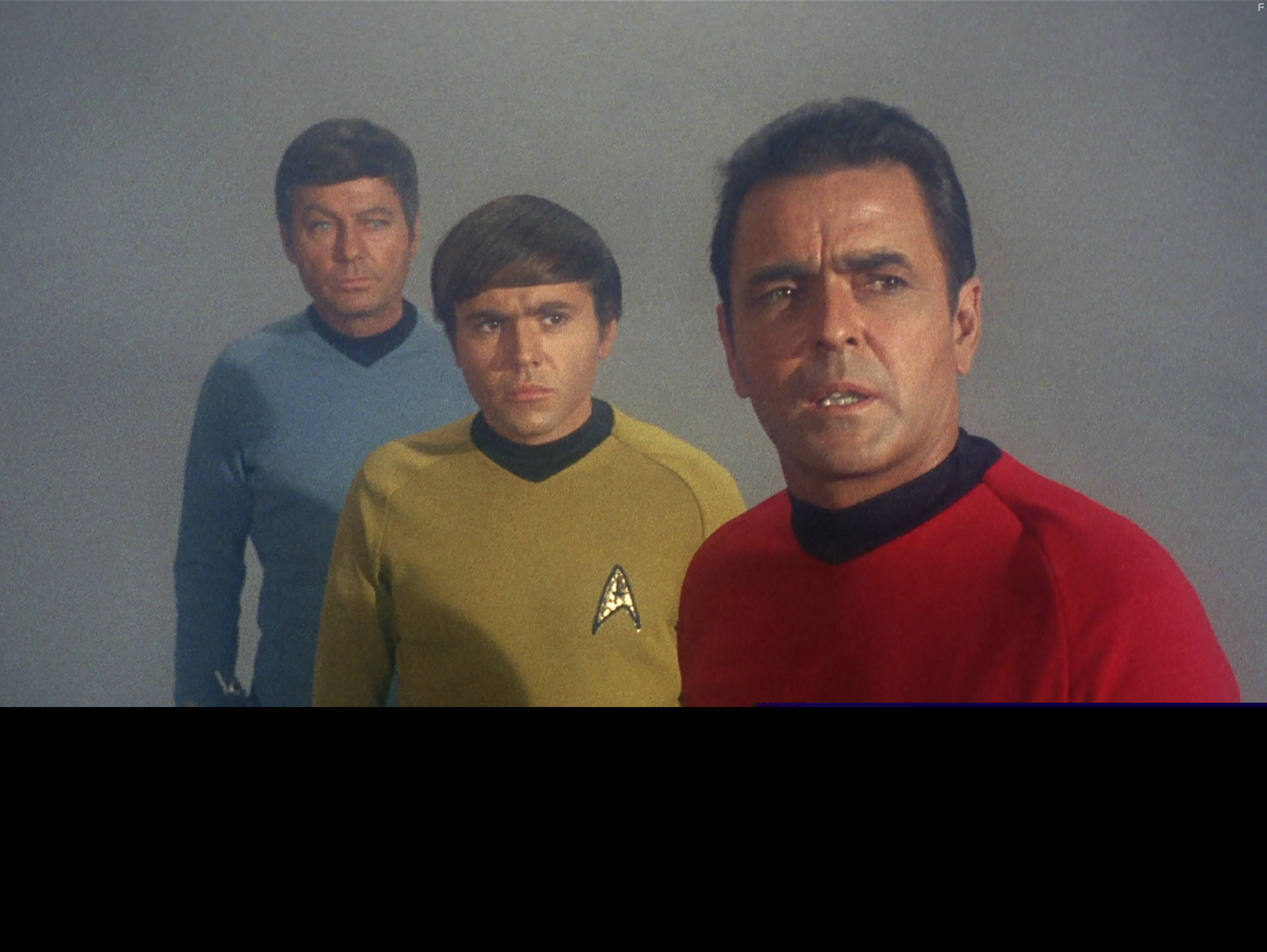 Walter Koenig, James Doohan, and DeForest Kelley in Звездный путь (1966)