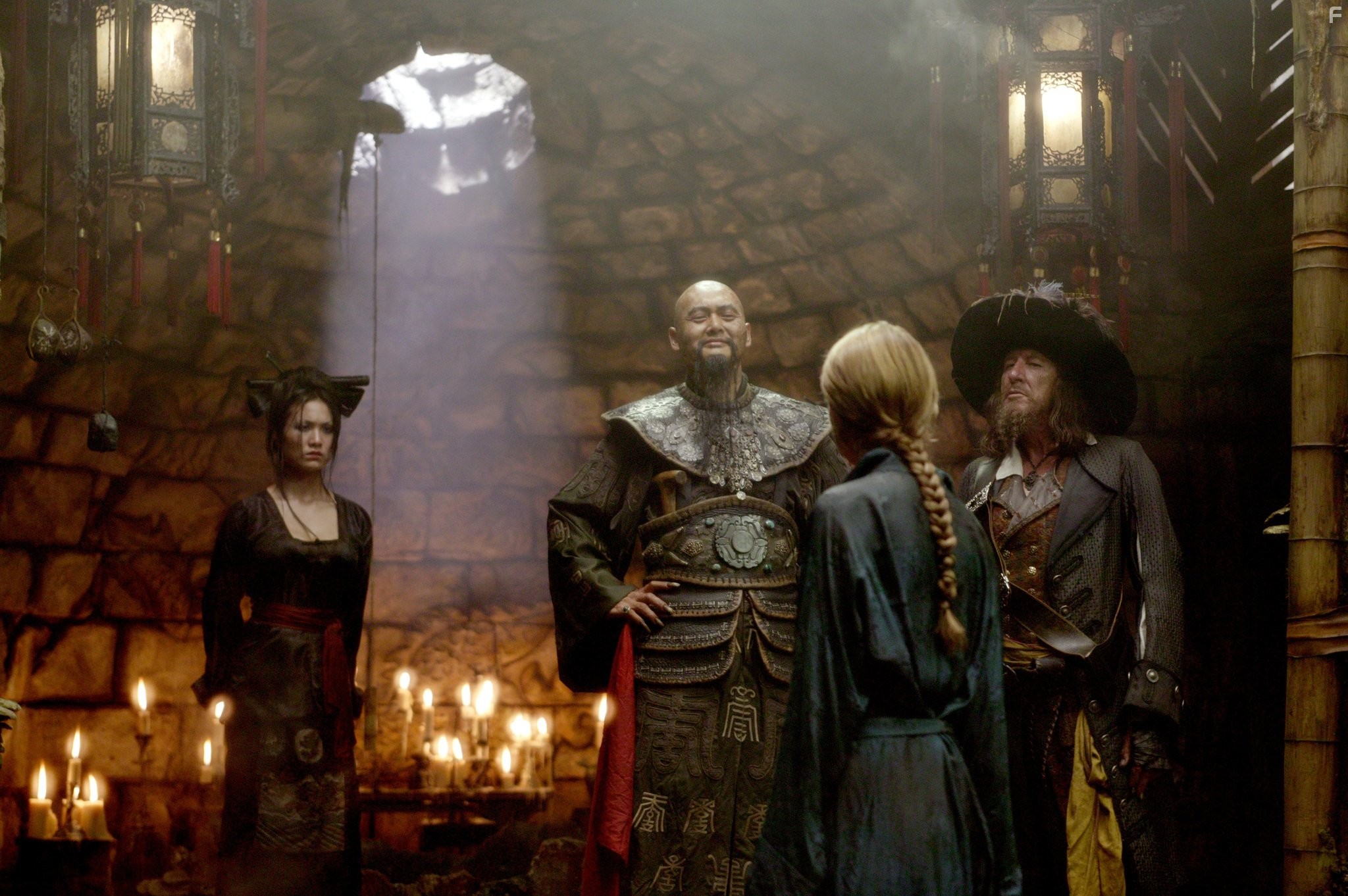 Yun-Fat Chow, Geoffrey Rush, and Keira Knightley in Пираты Карибского моря: На краю Света (2007)