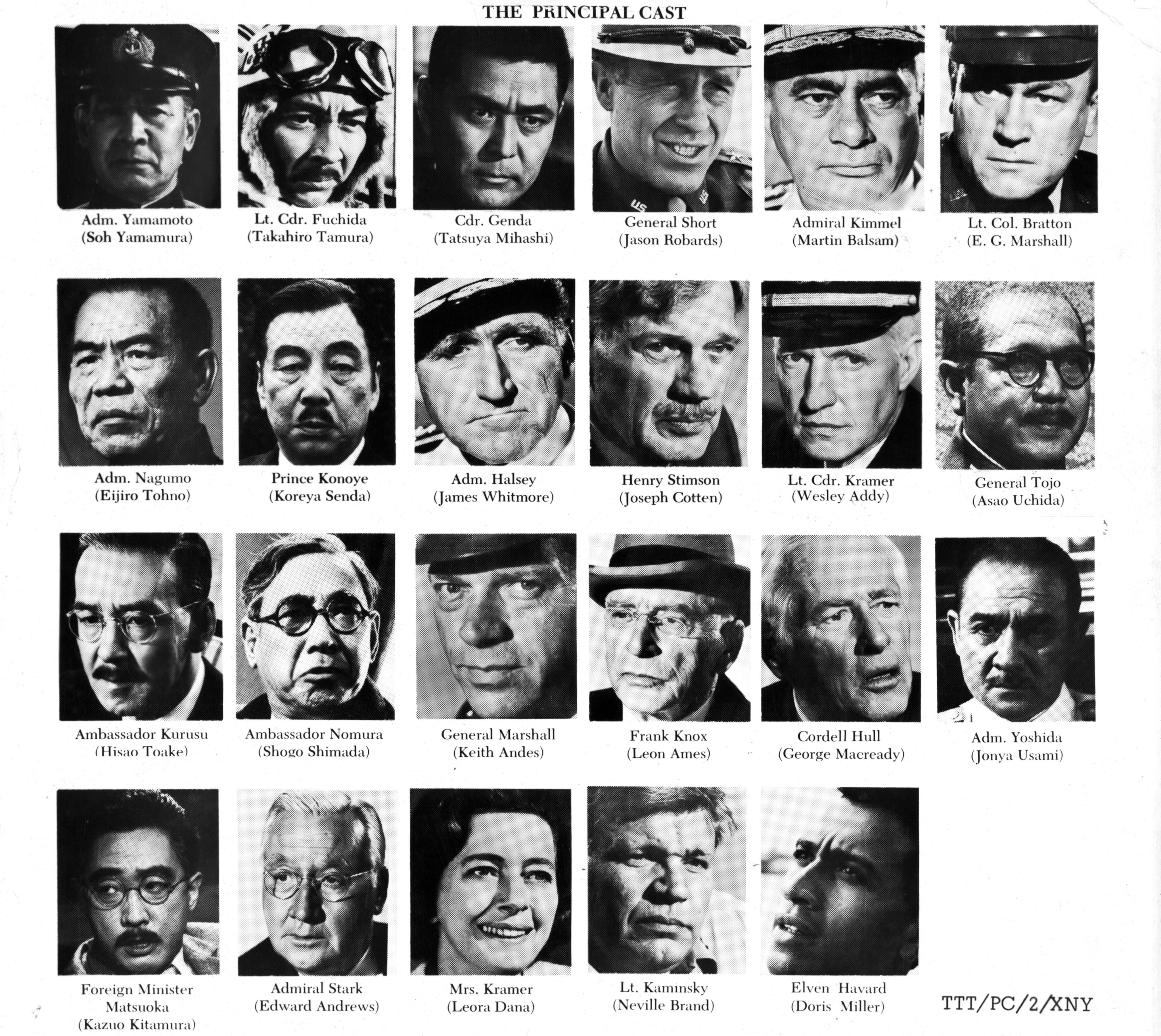 Leon Ames, Martin Balsam, Joseph Cotten, Jason Robards, Wesley Addy, Keith Andes, Edward Andrews, Neville Brand, Leora Dana, Elven Havard, Kazuo Kitamura, George Macready, E.G. Marshall, Tatsuya Mihashi, Koreya Senda, Sh?go Shimada, Takahiro Tamura, Hisao Toake, Eijir? T?no, Asao Uchida, Junya Usami, James Whitmore, and S? Yamamura in Тора! Тора! Тора! (1970)