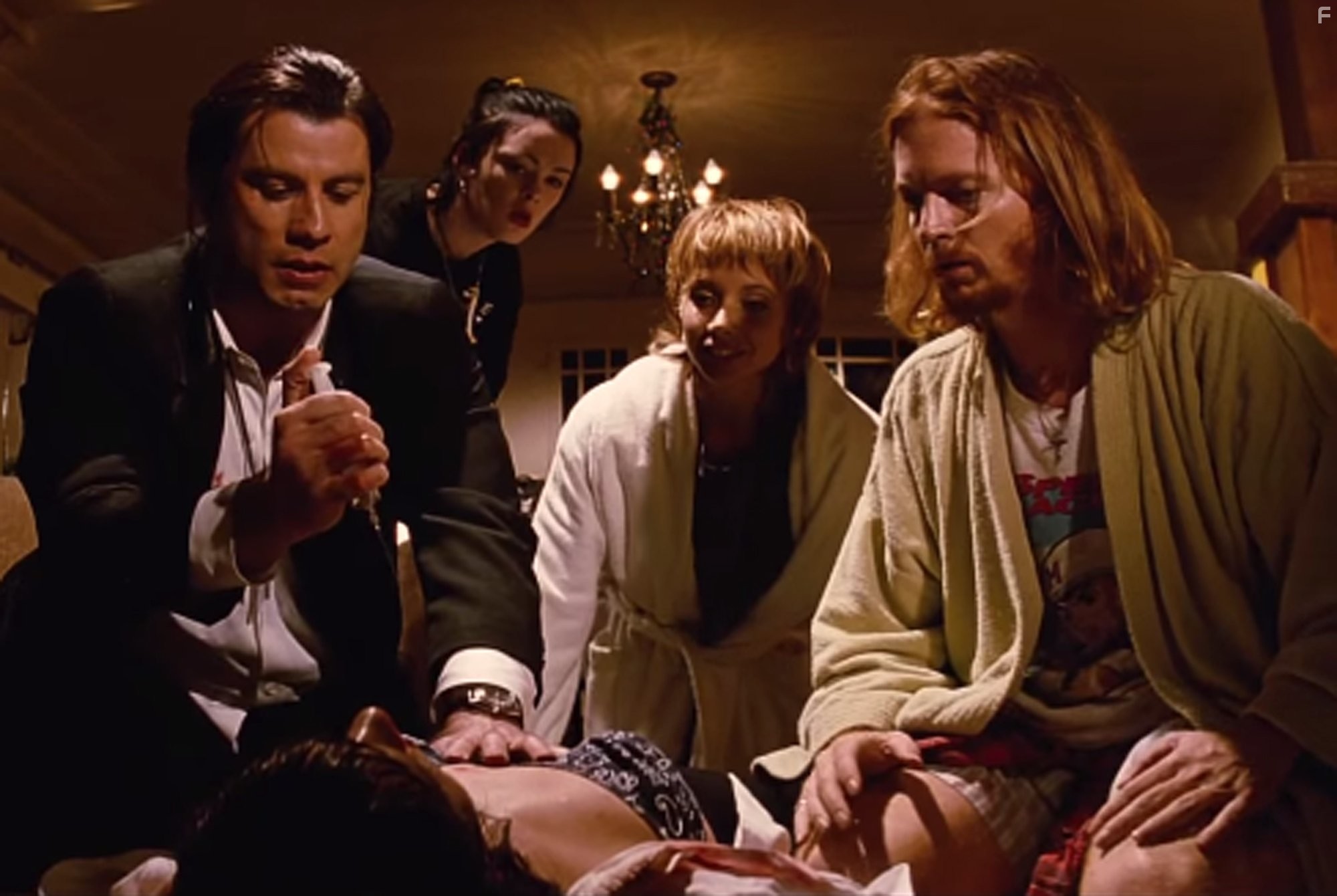 Uma Thurman, John Travolta, and Eric Stoltz in Криминальное чтиво (1994)