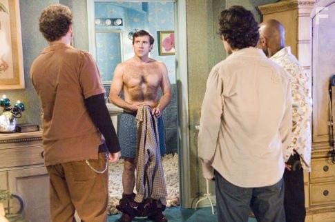 Steve Carell, Romany Malco, Seth Rogen, and Paul Rudd in Сорокалетний девственник (2005)