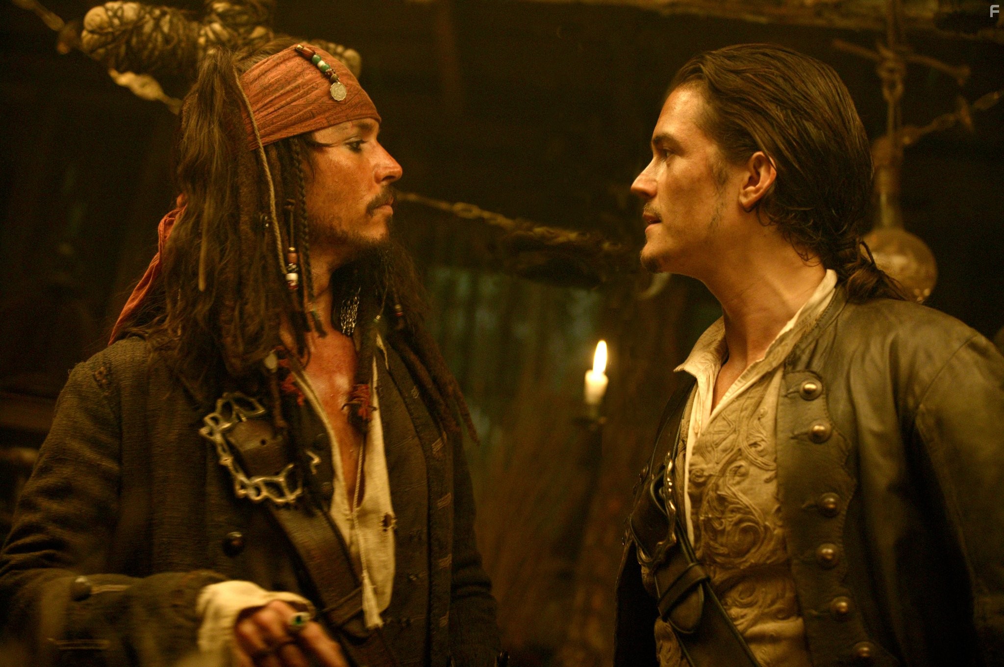 Johnny Depp and Orlando Bloom in Пираты Карибского моря: Сундук мертвеца (2006)