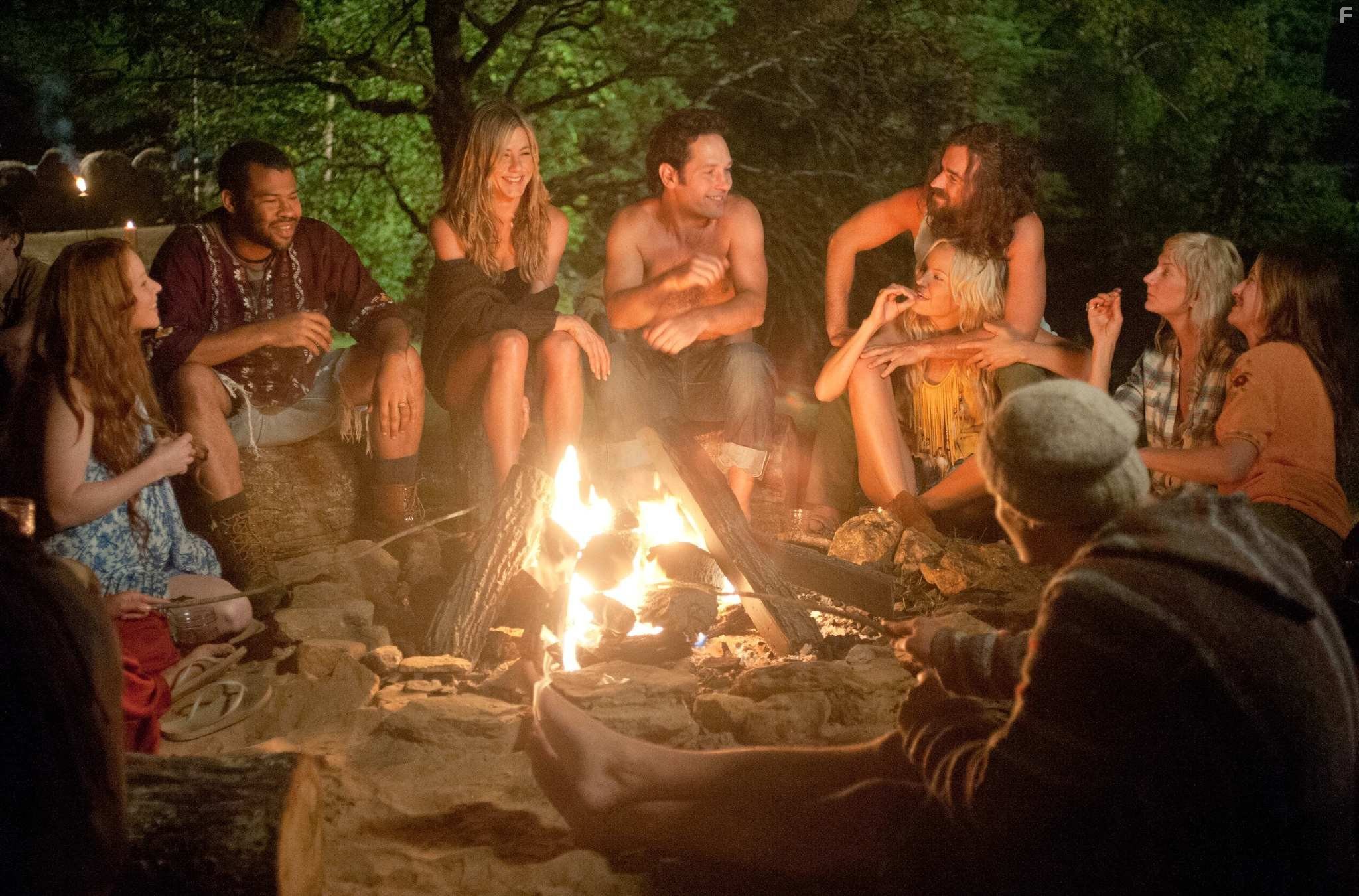 Jennifer Aniston, Malin Akerman, Lauren Ambrose, Paul Rudd, Justin Theroux, Kathryn Hahn, and Jordan Peele in Жажда странствий (2012)