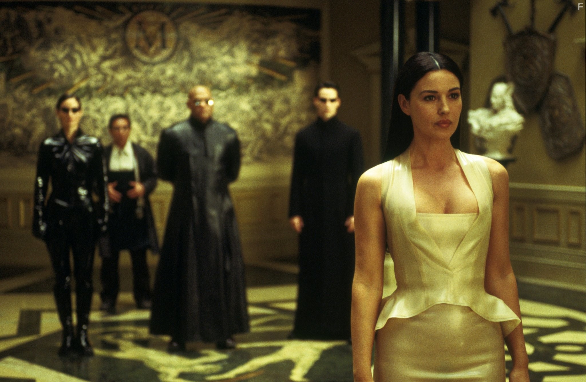 Keanu Reeves, Laurence Fishburne, Monica Bellucci, Carrie-Anne Moss, and Randall Duk Kim in Матрица: Перезагрузка (2003)