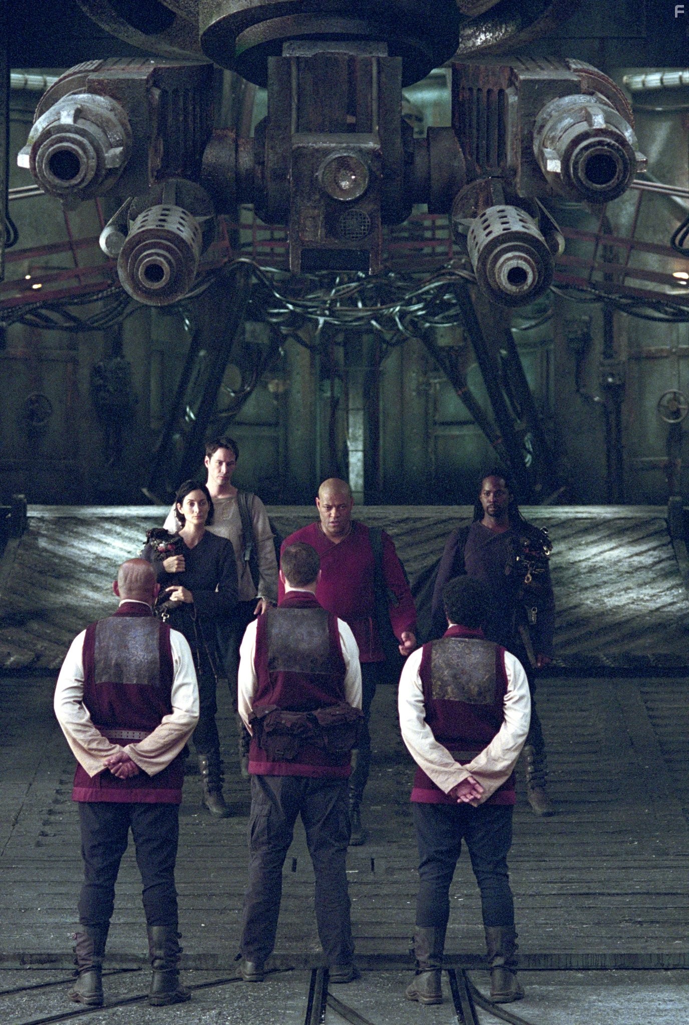 Keanu Reeves, Laurence Fishburne, Carrie-Anne Moss, and Harold Perrineau in Матрица: Перезагрузка (2003)