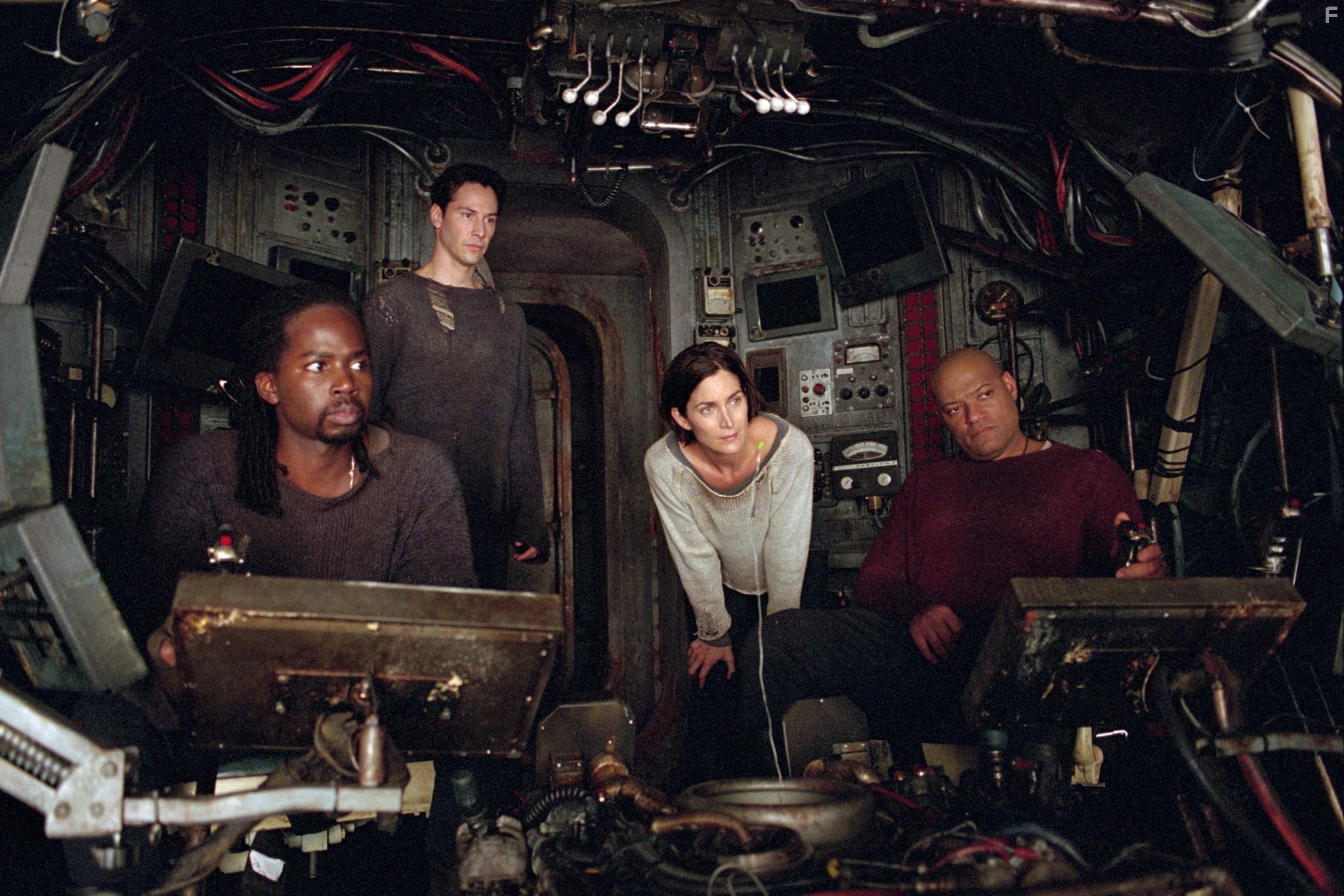 Keanu Reeves, Laurence Fishburne, Carrie-Anne Moss, and Harold Perrineau in Матрица: Перезагрузка (2003)