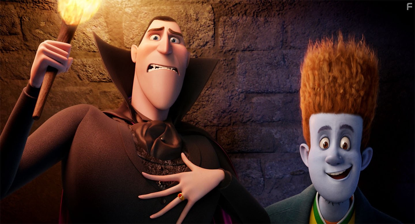 Dracula (voiced by Adam Sandler) attempts to shepherd diguised human Johnnystein (voiced by Andy Samberg) out of his resort for monsters