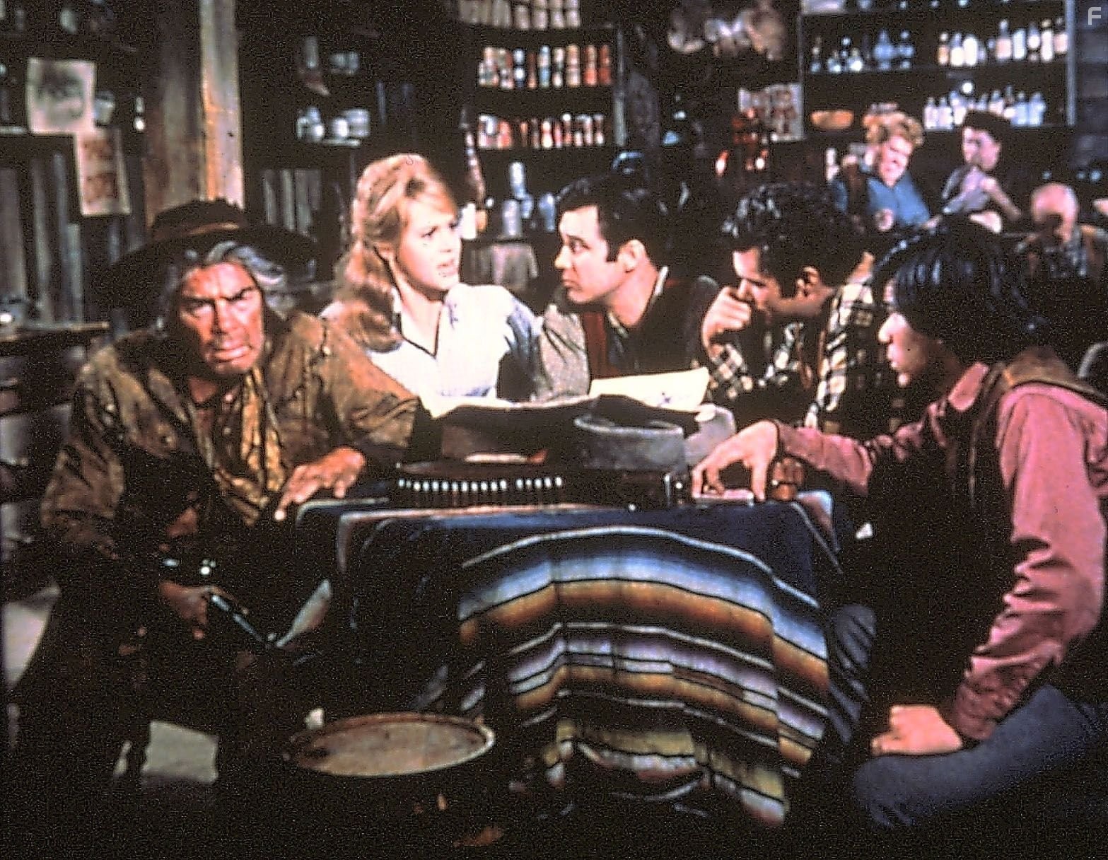 Jane Fonda, Lee Marvin, Michael Callan, Dwayne Hickman, and Tom Nardini in Кошка Балу (1965)