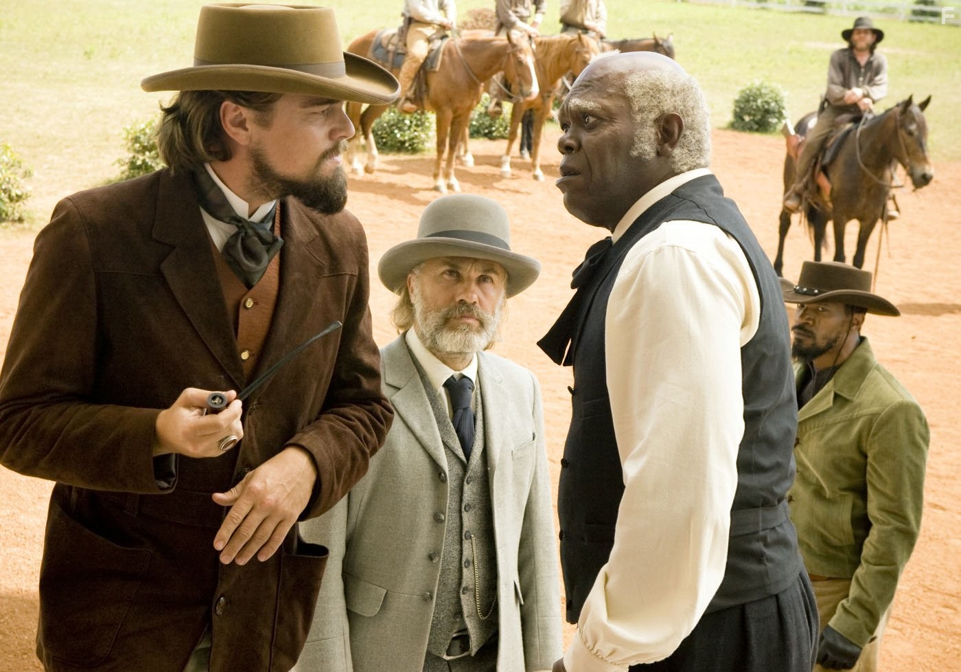 Leonardo DiCaprio, Samuel L. Jackson, Jamie Foxx, and Christoph Waltz in Джанго освобожденный (2012)