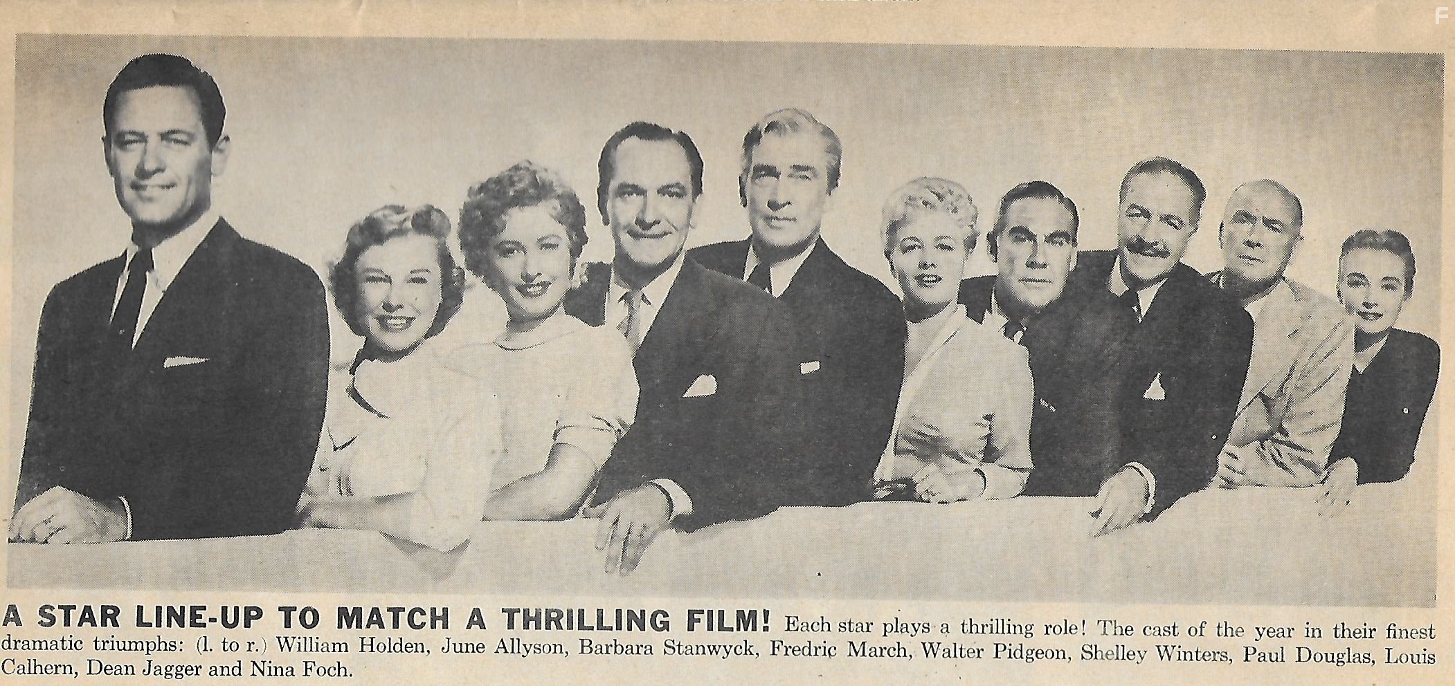 William Holden, June Allyson, Nina Foch, Barbara Stanwyck, Shelley Winters, Paul Douglas, Louis Calhern, Dean Jagger, Fredric March, and Walter Pidgeon in Номер для директоров (1954)