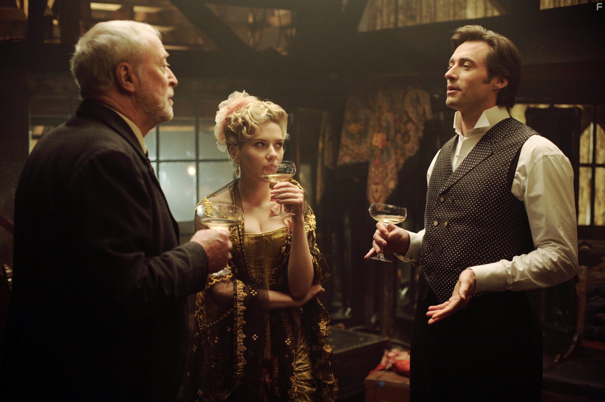 Michael Caine, Hugh Jackman, and Scarlett Johansson in Престиж (2006)