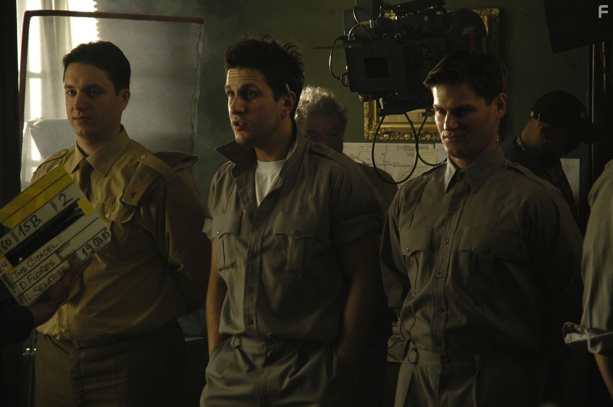 Jonas Talkington, Assen Blatechki, and James Pomichter wait for the camera to roll inside the Allied army base (SS Doomtrooper, 2006 - F.K.A. "The Citadel").