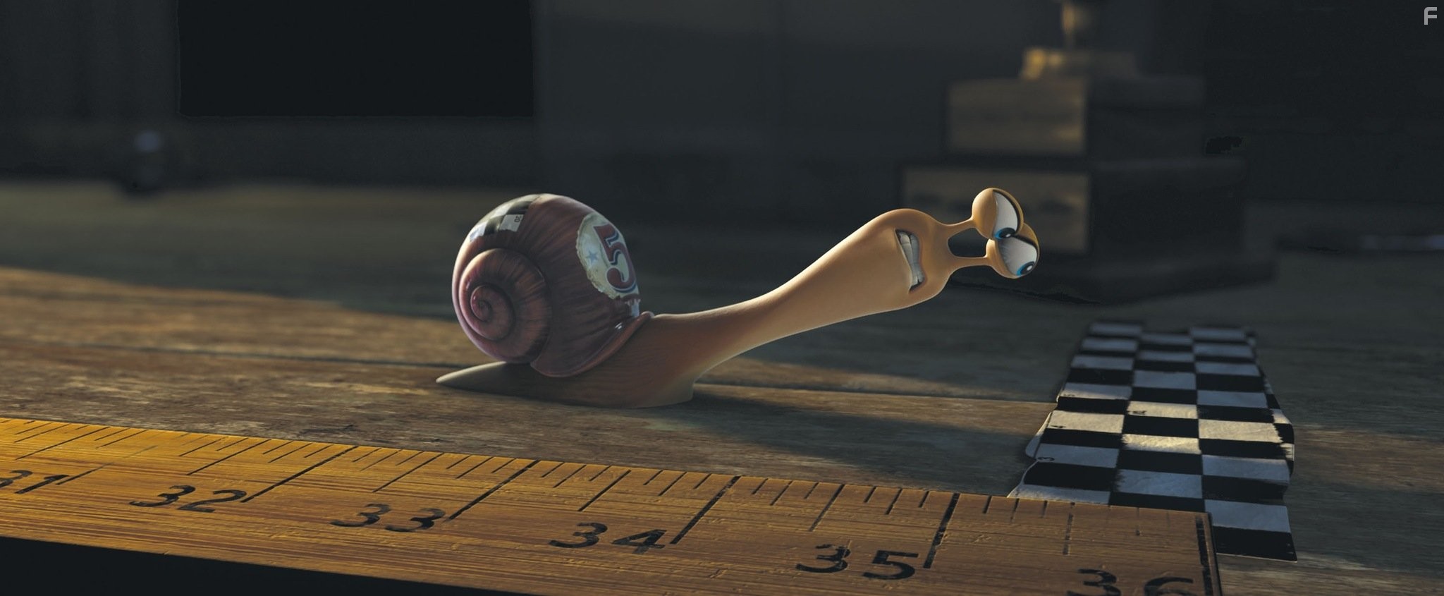 Turbo (voiced by Ryan Reynolds) "races" to the makeshift finish line.