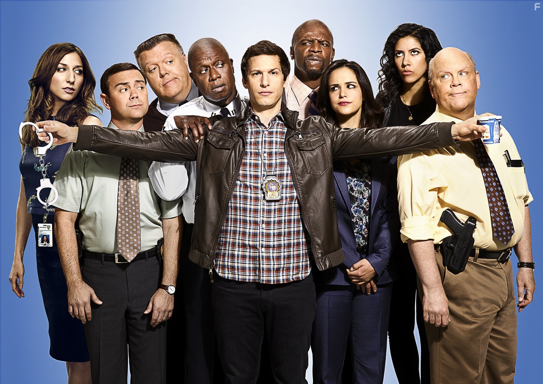 Dirk Blocker, Andre Braugher, Terry Crews, Melissa Fumero, Joe Lo Truglio, Joel McKinnon Miller, Andy Samberg, Chelsea Peretti, and Stephanie Beatriz in Бруклин 9-9 (2013)