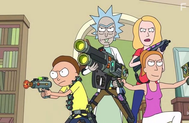 Sarah Chalke, Spencer Grammer, and Justin Roiland in Рик и Морти (2013)