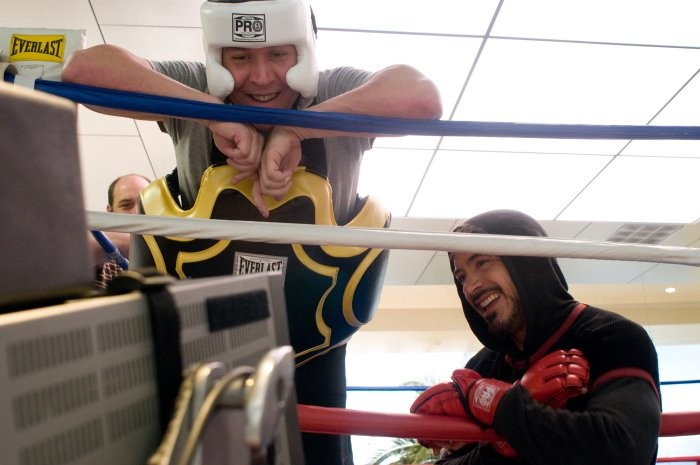 Robert Downey Jr. and Jon Favreau in Железный человек 2 (2010)