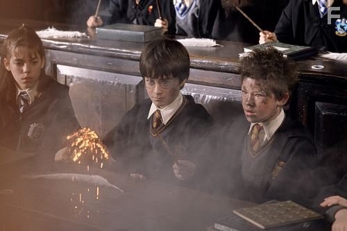 Harry Potter (DANIEL RADCLIFFE) looks on in shock while Seamus (DEVON MURRAY) is surprised by the sudden explosion of his wand