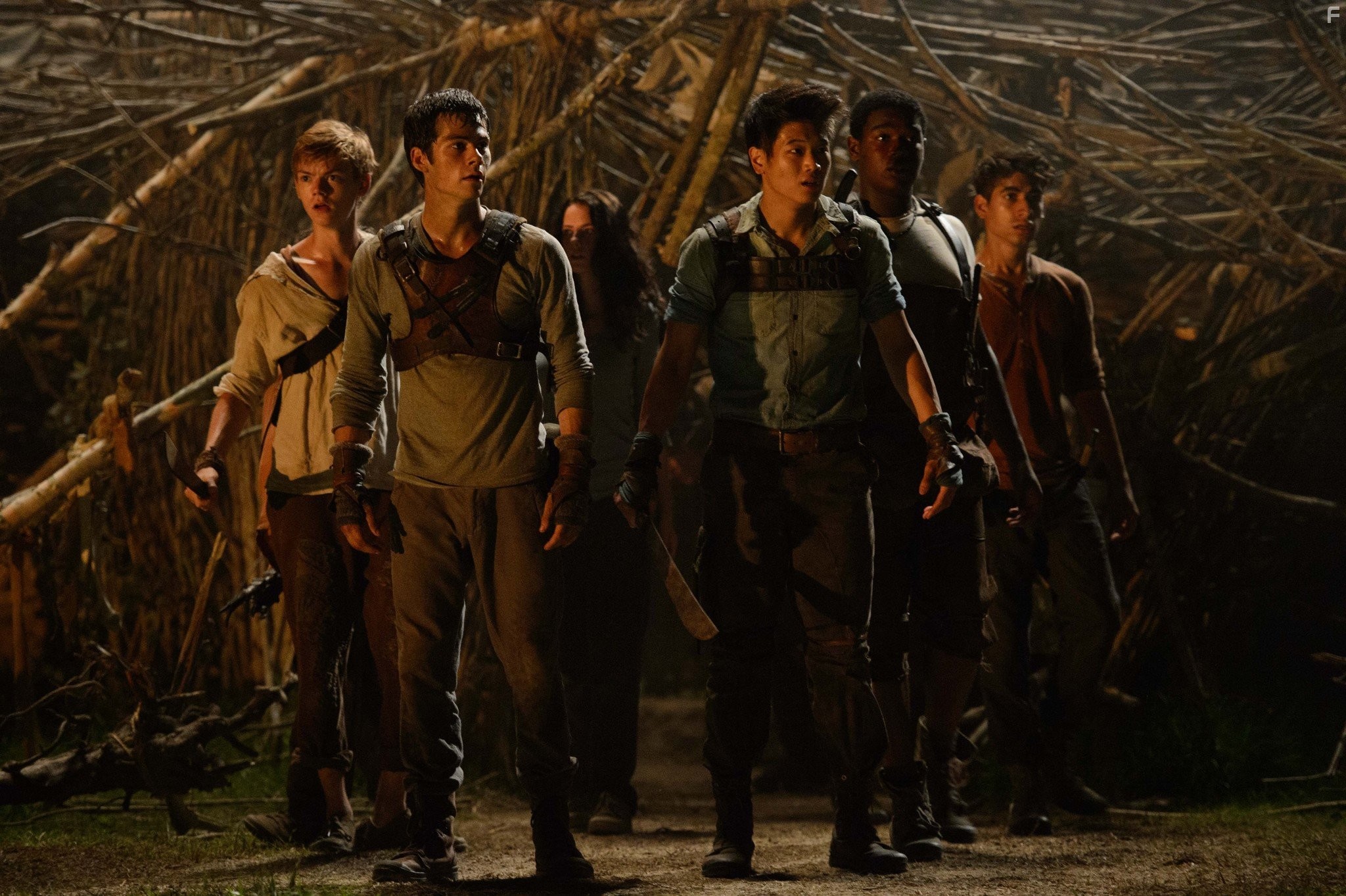 Thomas Brodie-Sangster, Alexander Flores, Kaya Scodelario, Dexter Darden, Dylan O'Brien, and Ki Hong Lee in Бегущий в лабиринте (2014)