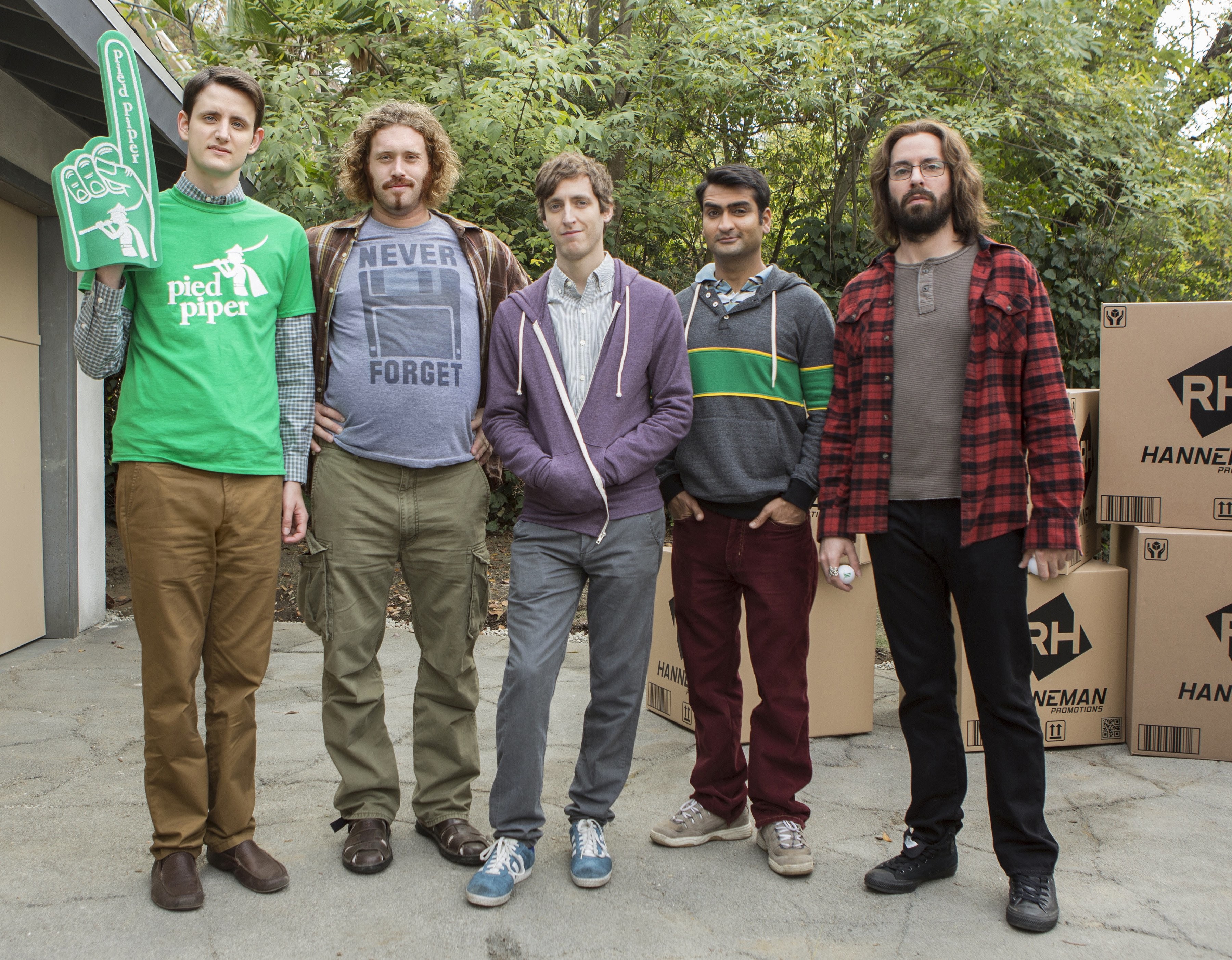 Martin Starr, Zach Woods, T.J. Miller, Thomas Middleditch, and Kumail Nanjiani in Кремниевая долина (2014)