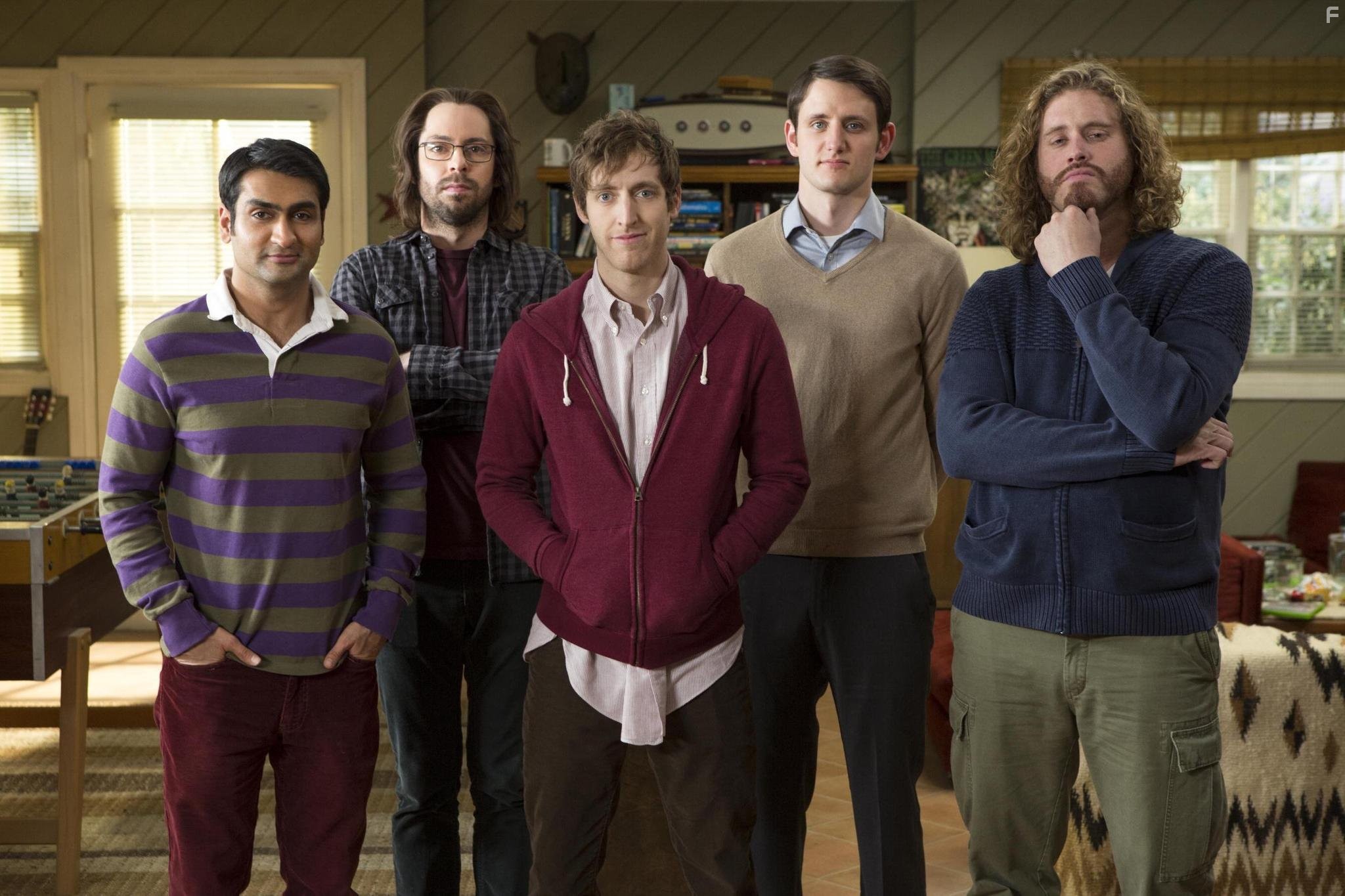 Martin Starr, Zach Woods, T.J. Miller, Thomas Middleditch, and Kumail Nanjiani in Кремниевая долина (2014)