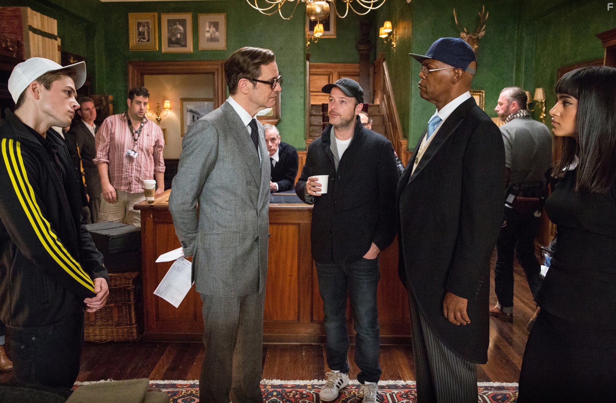 Colin Firth, Samuel L. Jackson, Matthew Vaughn, Sofia Boutella, Secret Service, and Taron Egerton in Kingsman: Секретная служба (2014)