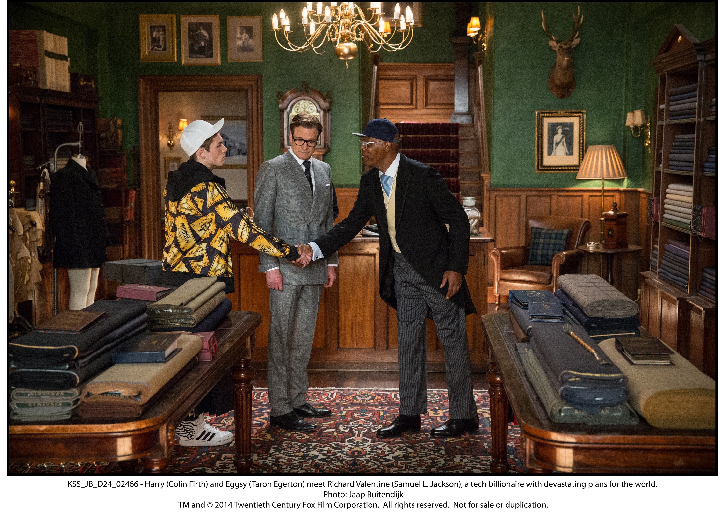 Colin Firth, Samuel L. Jackson, and Taron Egerton in Kingsman: Секретная служба (2014)