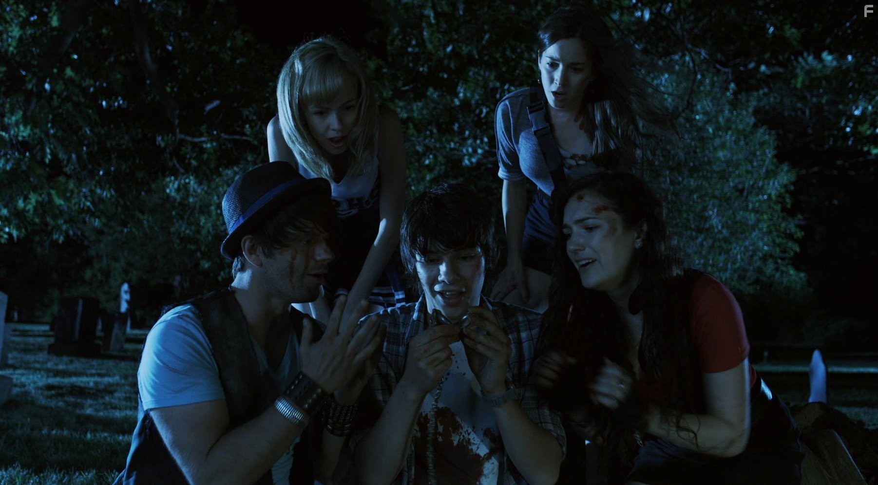 Still of Tim Doiron, Devon Bostick, April Mullen, Brittany Allen and Martha MacIsaac in Dead Before Dawn 3D. www.deadbeforedawn3d.com