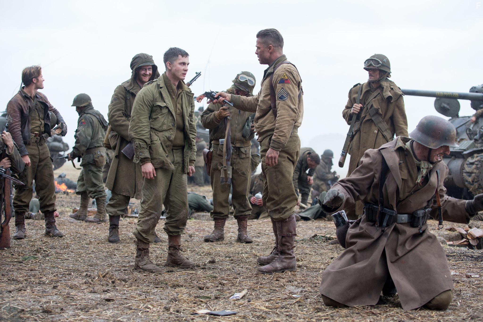 Brad Pitt, Logan Lerman, and Branko Tomovic in Ярость (2014)