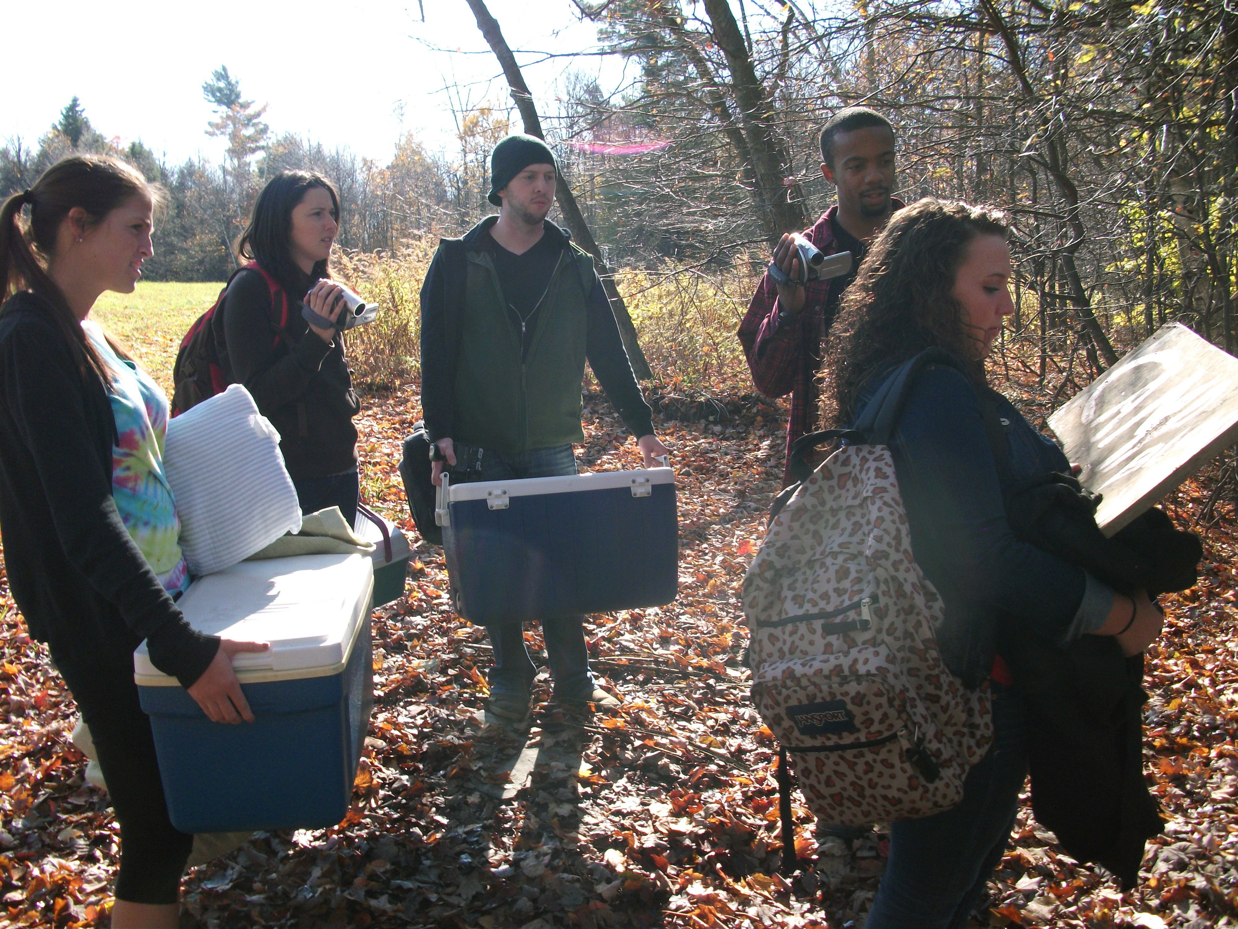 A group of students head into the Camp Blood woods. Pictured from left to right are actors Sarah Elizabeth, Ashley Wray, Houston Baker, Joshua Pollitt and Kelsey Kaufmann.