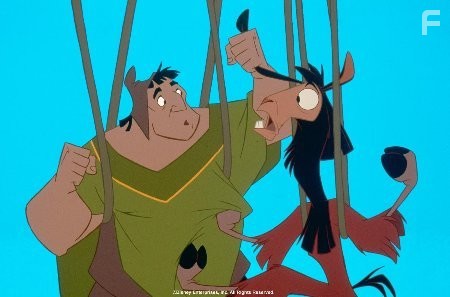 Pacha and Kuzco dangle above a gorge