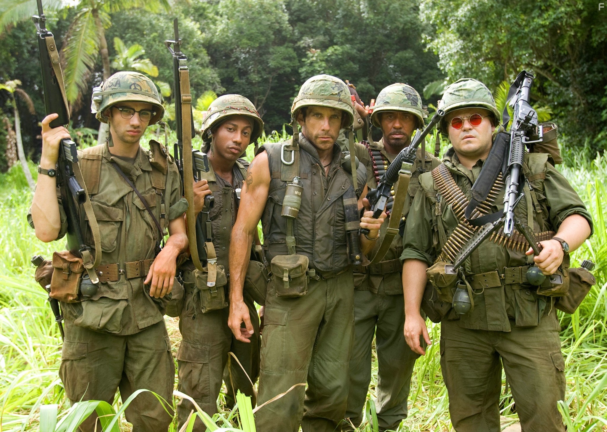 Robert Downey Jr., Ben Stiller, Jay Baruchel, Jack Black, and Brandon T. Jackson in Солдаты неудачи (2008)