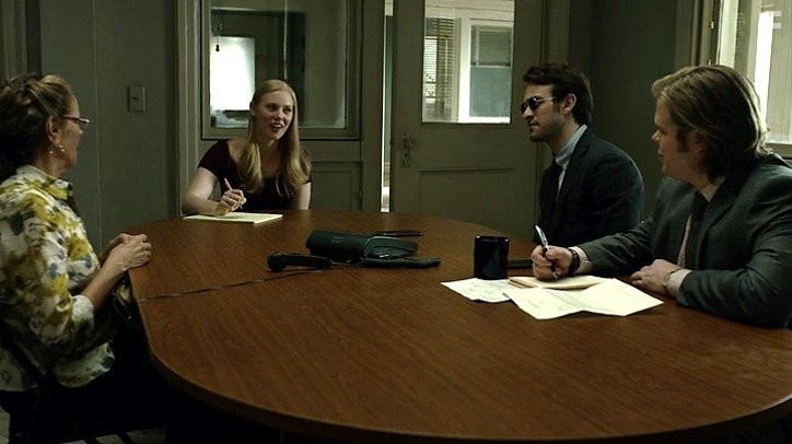 Judith Delgado, Elden Henson, Charlie Cox, and Deborah Ann Woll in Сорвиголова (2015)